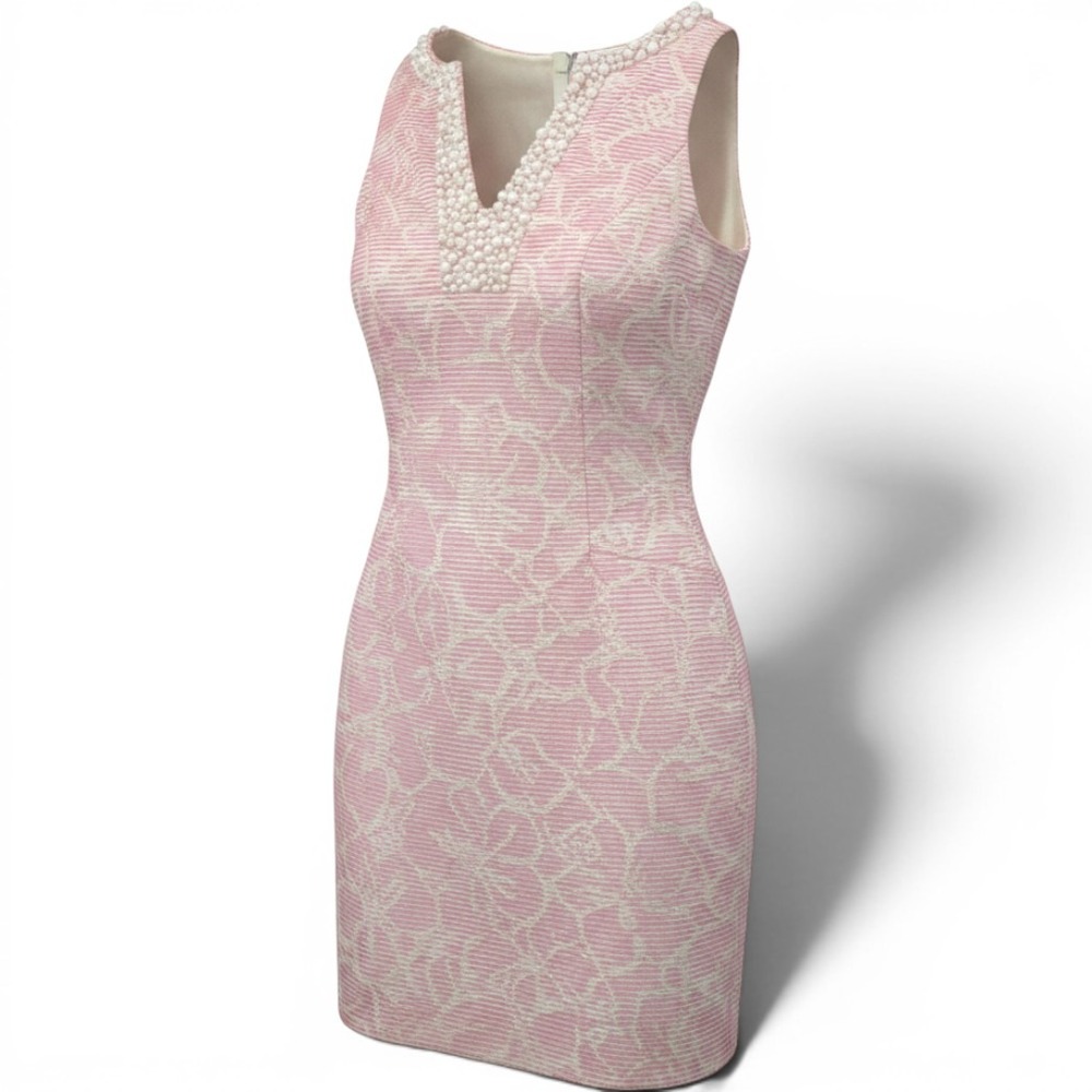 Lilly‎ Pulitzer Shift Dress Womens 2 Pink White Beaded V-Neck Sleeveless Floral